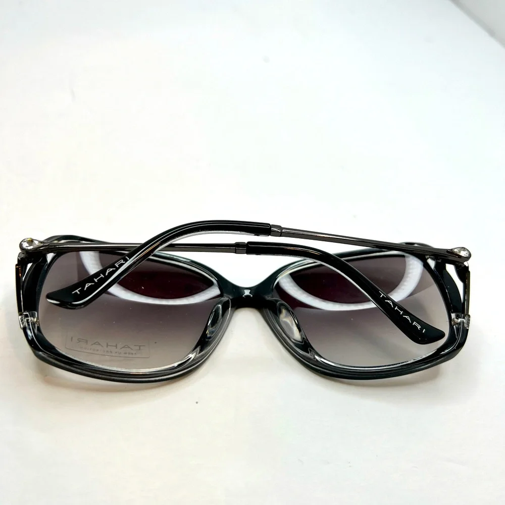TAHARI 100% UV PROTECTION SUNGLASSES, 2 TONE FRAME, GREY&CLEAR W/CRYSTAL TEAR - Picture 10 of 10